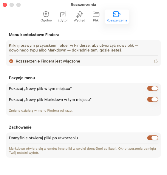 emde Extensions settings: Finder context menu options